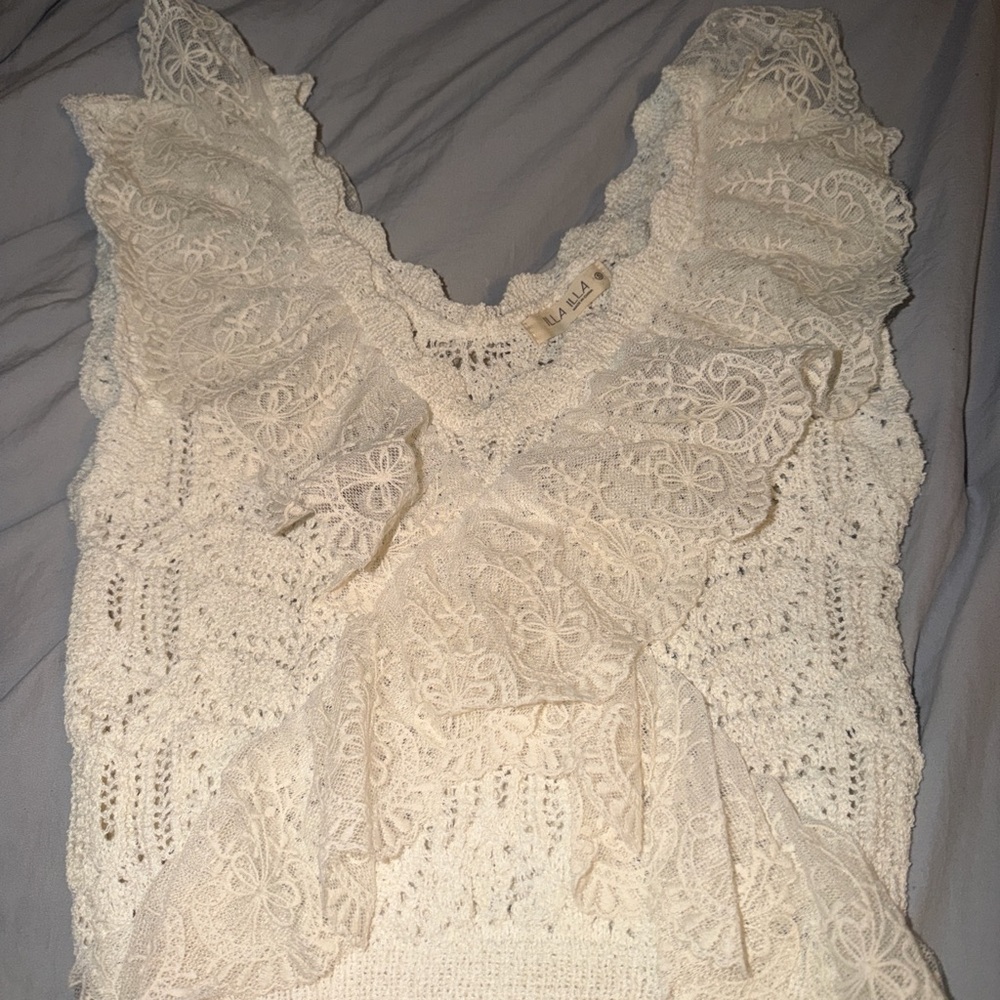 Lace Ruffle Knit Tank Top - Ivory - Picture 2 of 4